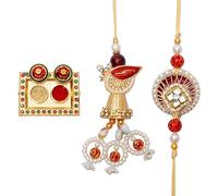 Rakhi For Brother Set of 2 Rakhi Lumba Set for Bhai Bhaiya Veera Thread Bracelet Dora for Brown Pearl Rakhee gift Card pack with Tilak Holder Kumkum Plate Platter Indian Traditional Festival Decor