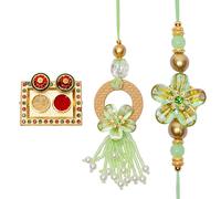 Rakhi For Brother Set of 2 Rakhi Lumba Set for Bhai Bhaiya Veera Thread Bracelet Dora for Green Pearl Rakhee gift Card pack with Tilak Holder Kumkum Plate Platter Indian Traditional Festival Decor