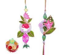 Rakhi For Brother Set of 2 Rakhi Lumba Set for Bhai Bhaiya Veera Thread Bracelet Dora with Rakhee Card gift and Tilak Holder Flower Kumkum Plate Platter for Indian Traditional Festival Decor