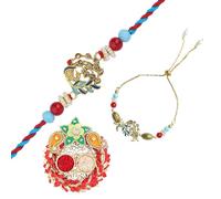 Rakhi For Brother Set of 2 Rakhi Lumba Set for Bhai Bhaiya Veera Thread Bracelet Dora with Rakhee Card gift and Tilak Holder Copra Flower Kumkum Plate Platter for Indian Traditional Festival