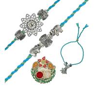 Rakhi For Brother Set of 3 Family Set Rakhi for Bhai Bhaiya Veera Thread Bracelet Dora with Rakhee Card gift pack and Tilak Holder Copra Flower Kumkum Plate Platter for Indian Traditional Festival