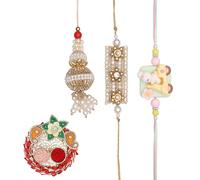 Rakhi For Brother Set of 3 Family Set Rakhi for Bhai Bhaiya Veera Thread Bracelet Dora with Rakhee Card gift pack and Tilak Holder Copra Flower Kumkum Plate Platter for Indian Traditional Festival