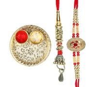 Rakhi Lumba set For Brother and Bhabhi Rakhi for Bhai Bhaiya pack of 2 Couple Rakhi Thread Bracelet Pair Dora Raksha Bandhan gift with Golden Tilak Holder Kumkum Platter for Traditional Festival Rakhi