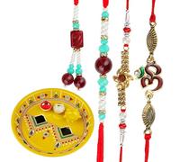 Rakhi Thali Plate Platter with Bhai Bhabhi Rakhi Lumba Dora Family Pack of 3 rakhi with Stainless Steel Puja Pooja Thali Rakhi Thread Bracelet for Brother Sister Raksha Bandhan Gift (Thali Size- 8")