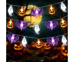 Rakiuty Cadena de Luces de Halloween,Guirnalda Luces Halloween,Calabaza Luces Decoración de Halloween Fantasmas Murciélagos,LED Calabaza Fantasma Murciélago Cadena de Luces,LED Fantasmas Luces 1.5m