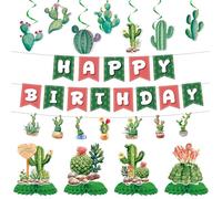 Rakuto Decoraciones de fiesta de cumpleaños de cactus, 14 pancartas de cactus de feliz cumpleaños con remolinos colgantes, juego de decoración de mesa con temática de taco, fiesta mexicana, centros de