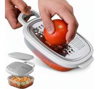 Rallador de cocina con recipiente y tapa. Rallador profesional con 3 cuchillas diferentes y depósito de alimentos. Rallador con deposito multiusos para queso, verduras, tomate, zanahoria, trufa (A)