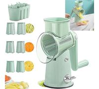 Rallador de queso rotatorio 5 en 1, cortador de verduras, rallador de queso, con cuchillas de acero inoxidable, cortador de tambor de mandolina, con mango y base de succión fuerte, (verde)(Green,Green