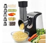 Rallador Eléctrico 5 en 1 150W, Cortador de Verduras con 5 Cuchillas de Acero Inoxidable para Queso, Frutas y Verduras, Libre de BPA y Apto para Lavavajillas,Plateado