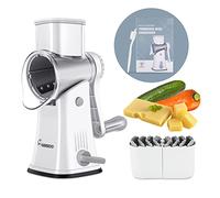 Rallador giratorio de queso triturador redondo de mandolina para cocina con 5 cuchillas intercambiables, Manual de queso para frutas, verduras y nueces, fácil de usar y limpiar con cepillo limpieza