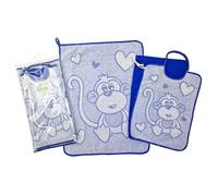 Ralph - Juego de 3 piezas: babero de rizo con elástico de 26 x 34 cm, toalla de 40 x 50 cm, bolsa de tela de 32 x 37 cm - Completo para guardería - Algodón 100 % fabricado en Italia (Azul)