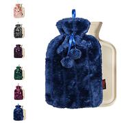 Ram - Bolsa de agua caliente de lujo de 2 litros con funda de piel sintética y pompones, color azul marino