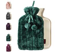 Ram® - Botella de agua caliente de lujo con funda de piel sintética y pompones, 2 litros, color verde esmeralda