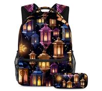 Ramadan Lanterns Essential School Companion, juego de 2 mochilas escolares para niños con bolsa de viaje y estuche para lápices, Multicolor#01, B:29.4x20x40cm P:19x7.5x3.8cm, Mochilas daypack