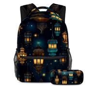 Ramadan Lanterns Essential School Companion, juego de 2 mochilas escolares para niños con bolsa de viaje y estuche para lápices, Multicolor#03, B:29.4x20x40cm P:19x7.5x3.8cm, Mochilas Daypack