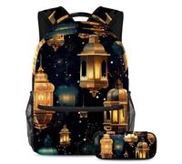 Ramadan Lanterns Essential School Companion, juego de 2 mochilas escolares para niños con bolsa de viaje y estuche para lápices, Multicolor#04, B:29.4x20x40cm P:19x7.5x3.8cm, Mochilas Daypack