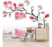 Ramas De Árboles Flores De Color Rosa Mariposas Reflexiones 3D Papel Pintado Pared Fácil Instalación Oficina Sala Estar Sofá Dormitorio TV Fondos Decoración-400cm×280cm