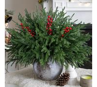 Ramas de pino de Norfolk de Navidad con bayas rojas, 12 paquetes de tallos de hoja perenne falsos de tacto real para jarrones, tallos artificiales de Norfolk y púas para decoración de interiores de