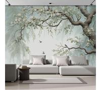 Ramas De Sauce Con Pájaros Volando Papel Pintado Panorámico 350x256cm, Arte Vegetal Minimalista Papel Pintado De Seda, Grandes Murales Para Salón Sala De Estar Estudio Decoración, Verde Claro