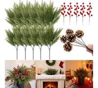 Ramas de tallos de pino artificiales de Navidad para jarrones, 10 piezas de ramas de pino falso con 5 piezas de tallos de piñas y 5 piezas de tallos de bayas rojas para decoración de mesa de Navidad