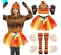 Ramede Juego de 4 disfraces de trote de pavo de Acción de Gracias para mujer, incluye tutú de día festivo de Acción de Gracias, sombrero de pavo, guantes de correr, calcetines altos, accesorios de