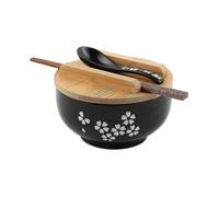 Ramen Bowl Set, Japanese Ramen Noodle Bowls with Lid Spoon, Large Ceramic Soup Bowl, Black Hand Drawn Rice Bowl Retro Tableware Noodle Bowl 6.5 Inch-p