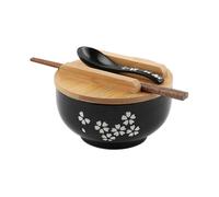 Ramen bowl set, Japanese ramen noodle bowls with lidded spoon, large ceramic soup bowl, hand drawn black rice bowl 6.5 inch-p retro noodle bowl