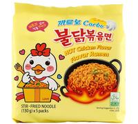 Ramen con fideos salteados con pollo picante, Hot Chicken Ramen Carbonara, Hot chicken ramen instantáneo muy rico y picante, Sabor a carbonara, Pack 5 paquetes de 130g cada uno