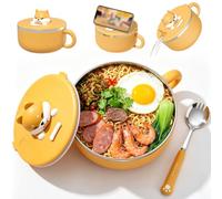 Ramen - Cuenco con tapa y cuchara, 1200 ml, cuenco de pasta instantánea, 304 cuencos de pasta de acero inoxidable, para sopa, pasta, albóndigas y ensaladas (perro de granja)