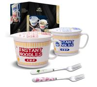 Ramen - Cuenco grande con tapa para fideos instantáneos (cerámica, con tapa y asa, 2 unidades), color rojo y azul