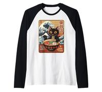 Ramen Fideos Gato Comer Anime Kawaii Japonés Kanagawa Wave Camiseta Manga Raglan