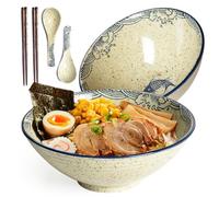 Ramen Juego de 2 cuencos de cerámica de 1200 ml con palillos y cucharas, vajilla de porcelana de estilo japonés, cuenco para sopa grande, ensaladera Pho Bowl, microondas y lavavajillas, pescado