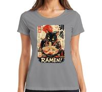 Ramen! Negro Gato Japón Anime Manga Fideos Camiseta Mujer, gris, S