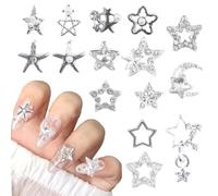 RAMGLYO 15 Piezas Anillos de Uñas Estrella, 3D Estrellas de Plata, Piedras de Cristal, Diseño Estrella, Piedras de Uñas, Aleación Diamante Cristalino, Accesorios de Arte de Uñas (Plata)
