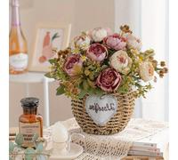 Ramillete de rosas artificiales hechas a en cesta tejida - Arreglo floral de plástico para decoración del hogar del Día de San Valentín, no necesita electricidad ni batería