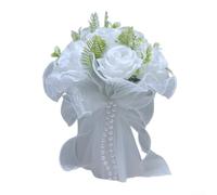 Ramo de boda de rosa simulada de mano para novias Flores Niñas Ceremonias al aire libre Paño de seda 23cm Pearl Accent Bouquet (blanco)