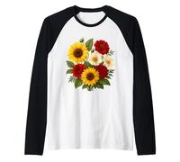 Ramo de Dalia y Cosmos de Girasol rústico de Verano Camiseta Manga Raglan