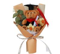 Ramo de de oso de graduación, regalo de rosas artificiales y | 9.84in x 5.91in x 3.94in / 25 x 15 x 10 cm, 40 g, flores de seda ligeras y ecológicas, incluye mini oso con gorra
