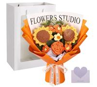 Ramo de flores de ganchillo, girasoles de punto hechos a mano, flores artificiales eternas, tono naranja, 13.8 x 12.6 pulgadas, con bolsa de regalo y tarjeta para aniversario, día de la madre
