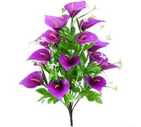 Ramo de lirios de cala de seda con 18 flores realistas y tallos verdes para decoración interior y exterior y flexibilidad de estilo (morado)