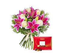 Ramo de lirios y rosas rosas con Chocolates - Sorpresa de cumpleaños - Agradecimiento - Aniversario - Regalo de recuperación - Elegante arreglo floral - Flores frescas de lujo