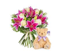 Ramo de lirios y rosas rosas con osito de peluche - Sorpresa de cumpleaños - Agradecimiento - Aniversario - Regalo de recuperación - Elegante arreglo floral - Flores frescas de lujo