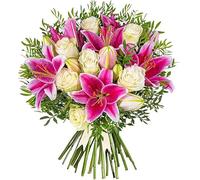 Ramo de lirios y rosas rosas - Sorpresa de cumpleaños - Agradecimiento - Aniversario - Regalo de recuperación - Elegante arreglo floral - Flores frescas de lujo (Grande)