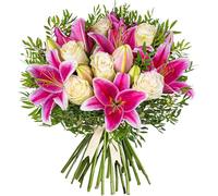 Ramo de lirios y rosas rosas - Sorpresa de cumpleaños - Agradecimiento - Aniversario - Regalo de recuperación - Elegante arreglo floral - Flores frescas de lujo (Medio)