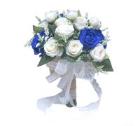 Ramo de novia artificial con cinta de encaje de boda, ramo de rosas falsas para novia y dama de honor, arreglo floral de simulación ligera en blanco para vino champán rojo (azul)