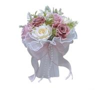 Ramo de novia artificial con malla de perlas, arreglo floral manual de seda para ceremonia de boda al aire libre, elegante decoración floral para damas de honor y niñas de flores, rosa (pasta de