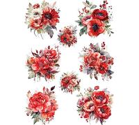 Ramo de papel de arroz rojo, 29,21 x 40,64 cm, 8 imágenes únicas impresas en papel de morera de 36 g/m², fibras visibles para decoupage, muebles, renovación y manualidades.