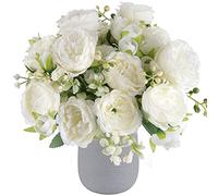 Ramo de peonías artificiales de seda, ramo de peonías sintéticas blancas, 4 paquetes de arreglos florales para decoración para casa de campo, centro de mesa de boda, flores falsas de plástico a granel