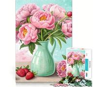 Ramo de peonías Rosas con Fresas Frescas Elegante Rompecabezas Floral para Adolescentes 1000 Piezas Refuerza la Memoria Pasatiempo Tranquilo Borde de Calidad Regalo Festivo (50x75cm)