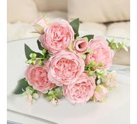 Ramo de rosas artificiales, elegantes flores de imitación para decoración del hogar y bodas, 5 cabezas de rosas persas pequeñas de seda (rosa claro)